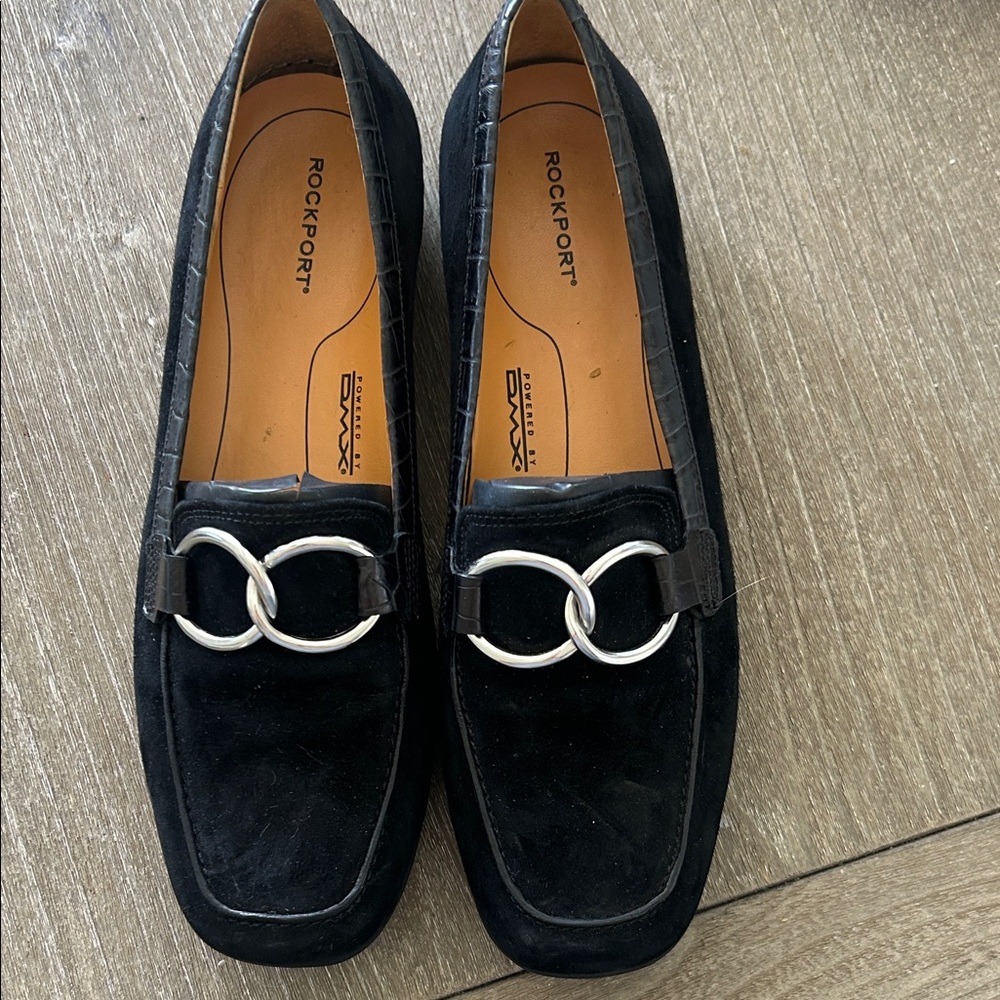 Rockport Black Suede Loafers with Silver Ring Detail